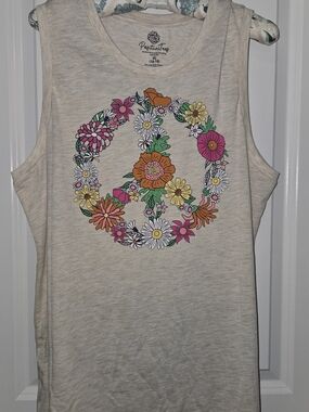 Cream Tank Top with Colorful Floral Peace Sign XL